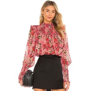 Bardot Pink Floral Smocked High-Neck Blouse
